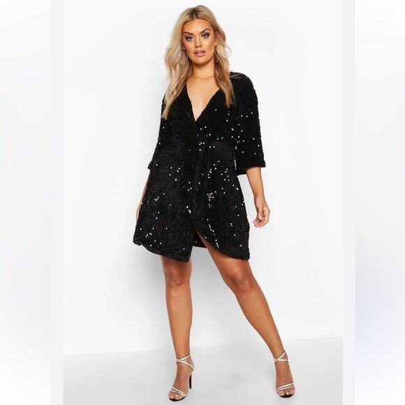 BOOHOO Plus Black Sequin Twist Front Mini Dress size 12 - Picture 1 of 9